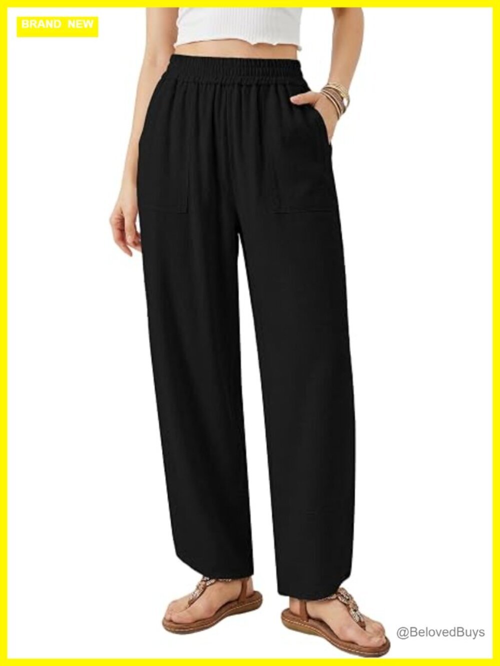 Wide Leg Linen Blend Palazzo Harem Pants Casual Elastic Waist Flowy Cropped